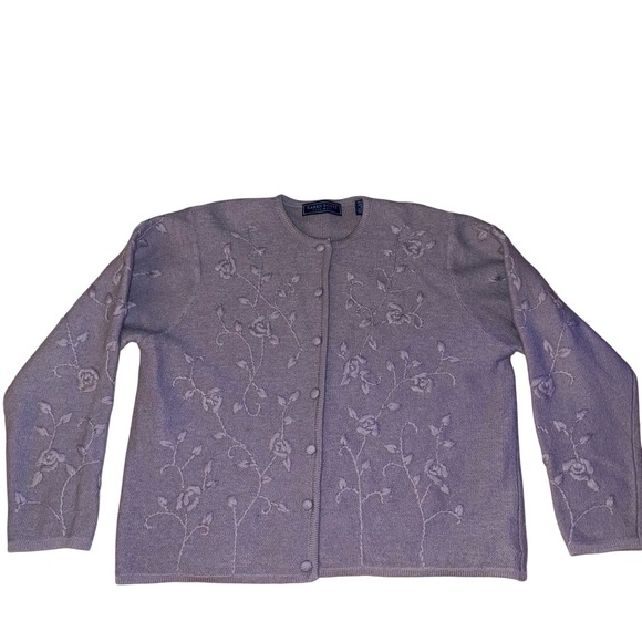 Larry Levine Sweaters - Larry Levine Cardigan Wool knit Sweater Womens Purple Rose Embroidered Button XL